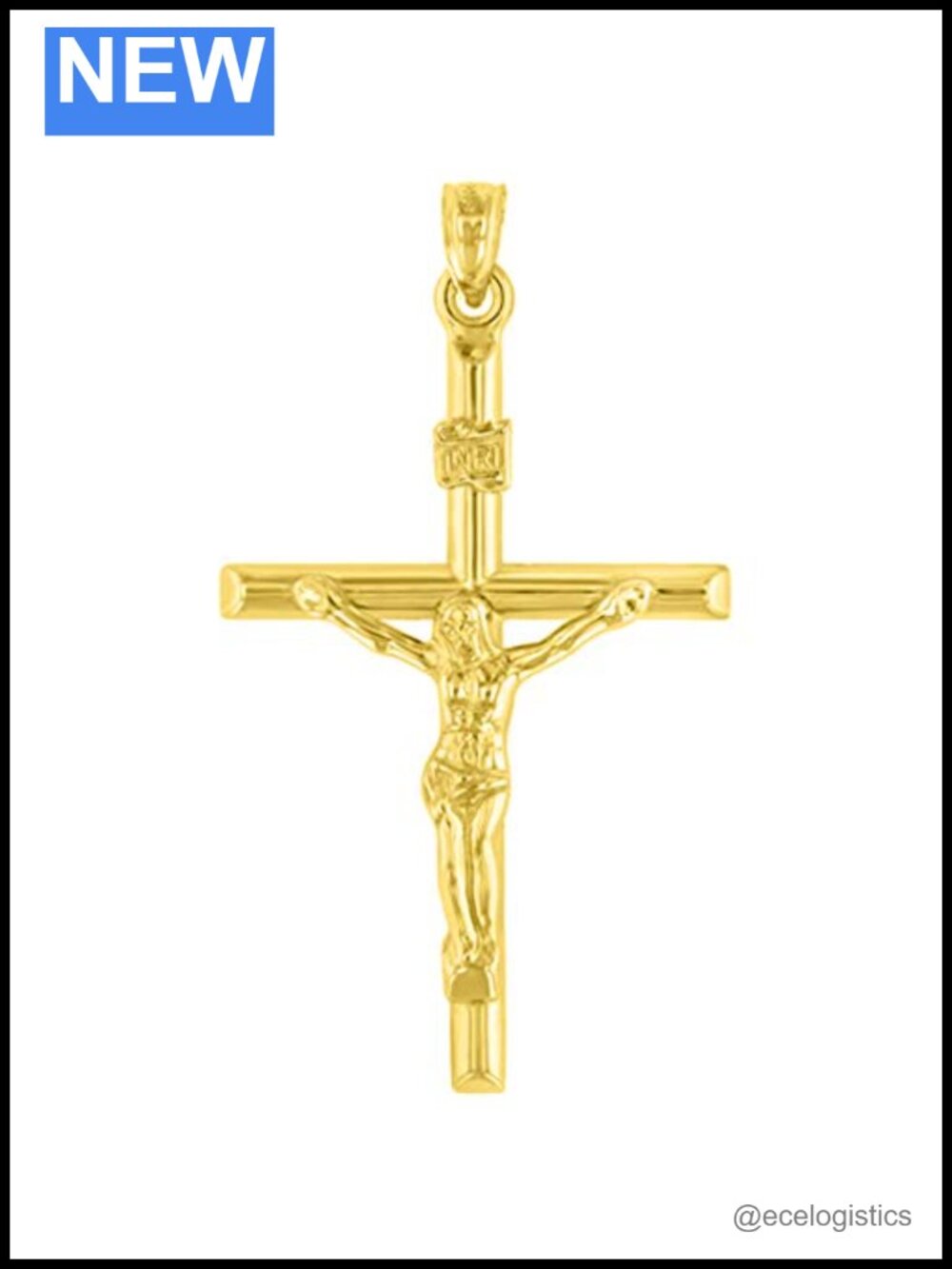 14K Yellow Gold INRI Crucifix Tubular Polished Cross Pendant
